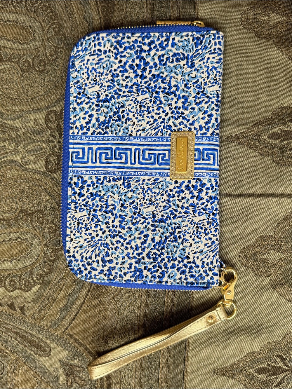 Lilly Pulitzer Blue and Gold Patterned Wristlet